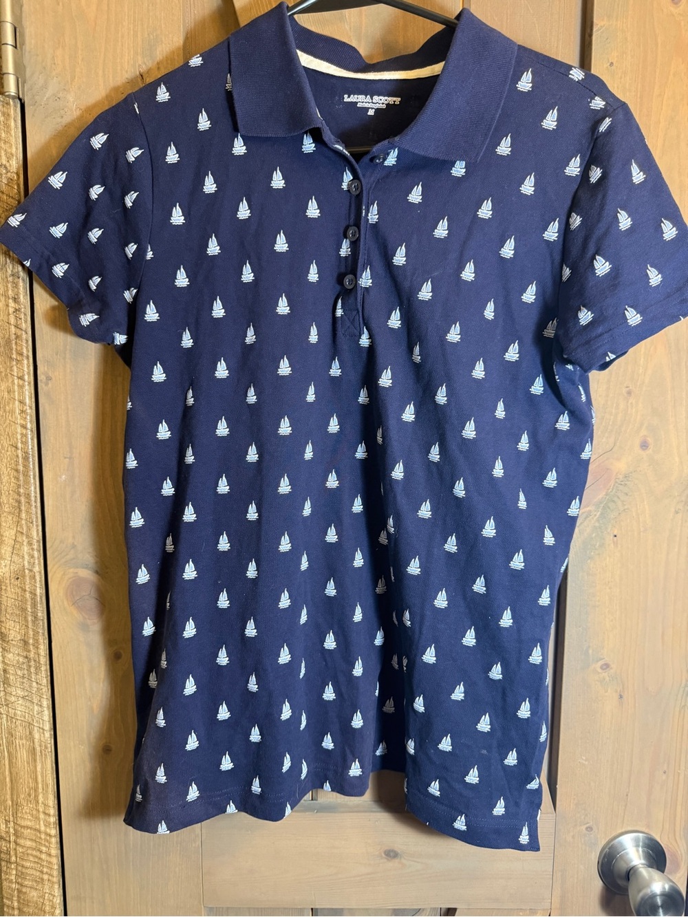 Laura Scott Navy Polo with Light Blue Sailboat Print